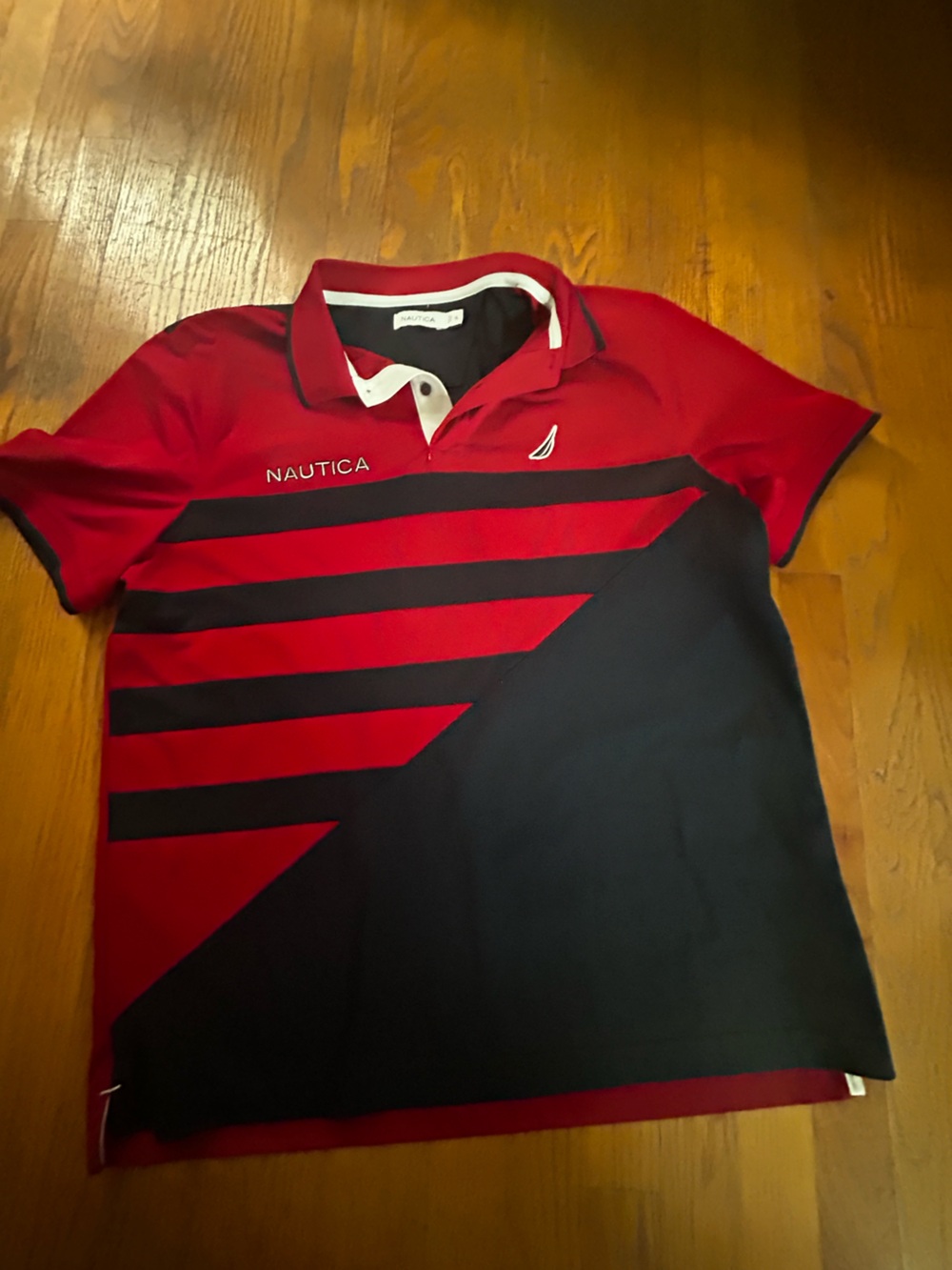 Nautica Red and Black Diagonal Stripe V-Neck Sweater